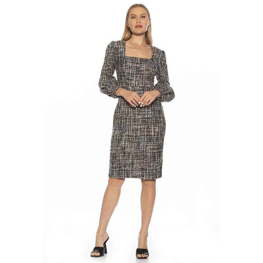 ALEXIA ADMOR Van Squareneck Bubble Sleeve Tweed Sheath Dress Size 4